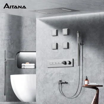 Luxury Gun Grey Brass Thermostatic Shower System Ceiling-Embedded Rainfall&Waterfall